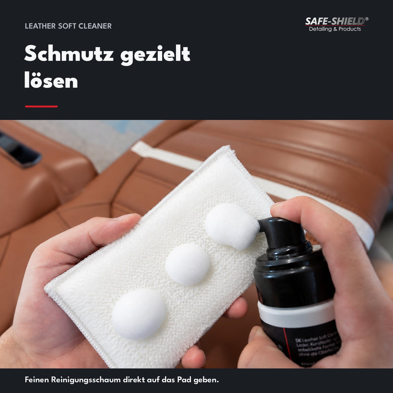 Aplicación de Leather Soft Cleaner en espuma sobre un pad de limpieza