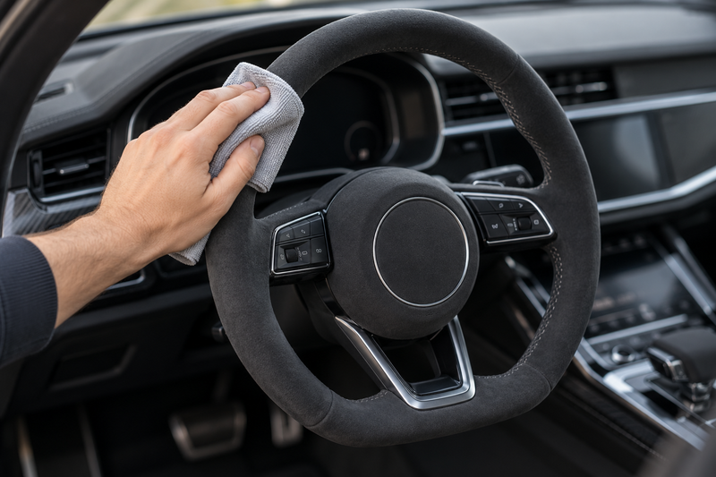 Imagen ilustrativa: limpieza suave de un volante de Alcantara con un paño de microfibra.