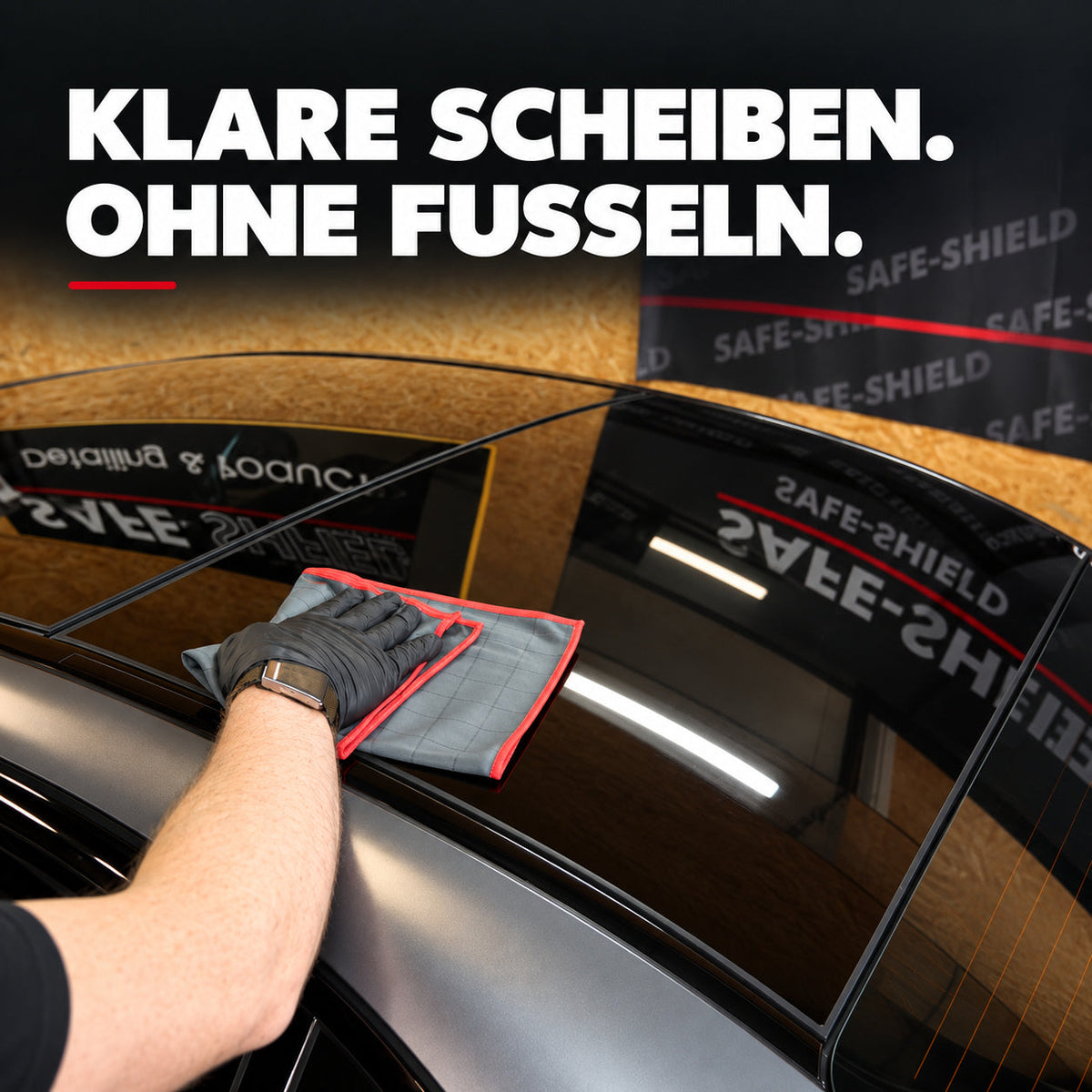 Illustratieve afbeelding van autoglas reinigen met een Carbon-doek: heldere ruiten zonder pluisjes