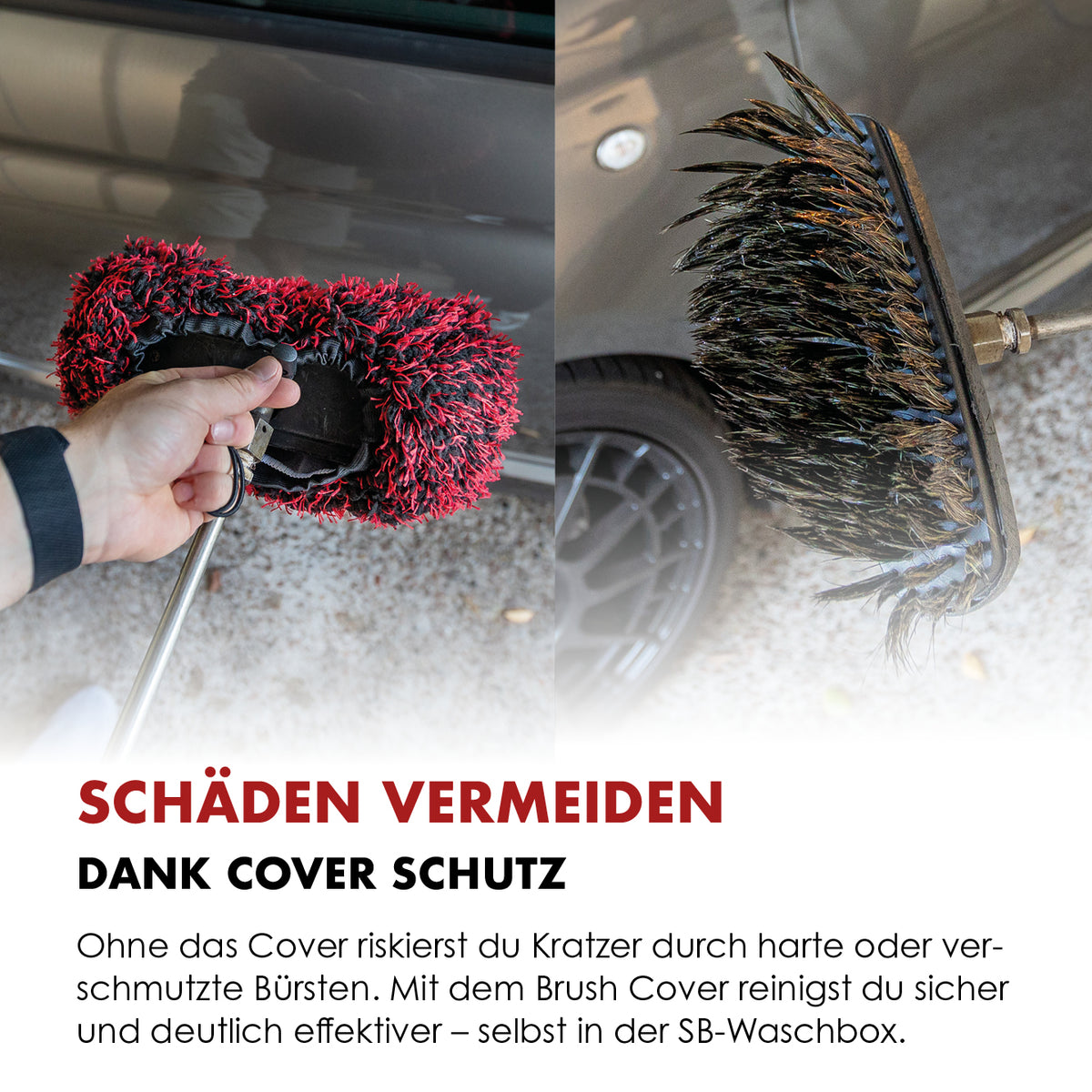 Waschbürste mit montiertem Brush Cover neben einer Bürste mit freiliegenden Borsten