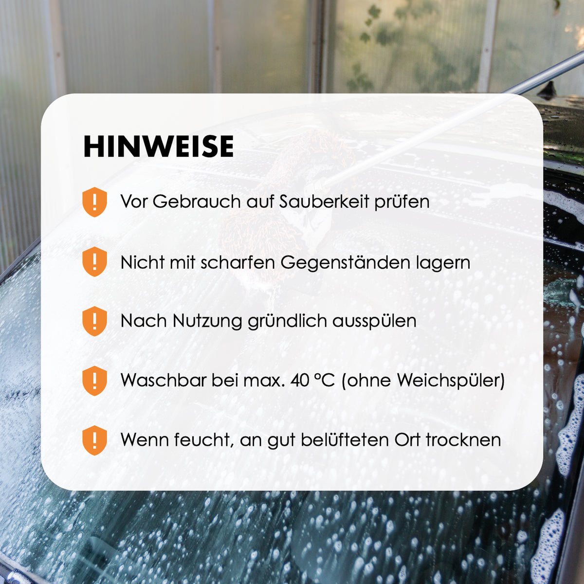 Pflegehinweise zum Brush Cover: vor Gebrauch auf Schmutz prüfen, nach der Wäsche ausspülen und trocknen
