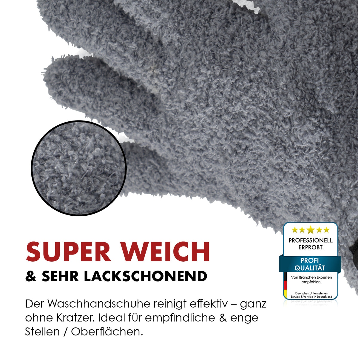 Nahaufnahme der weichen grauen Mikrofaser eines FingerFit Waschhandschuhs