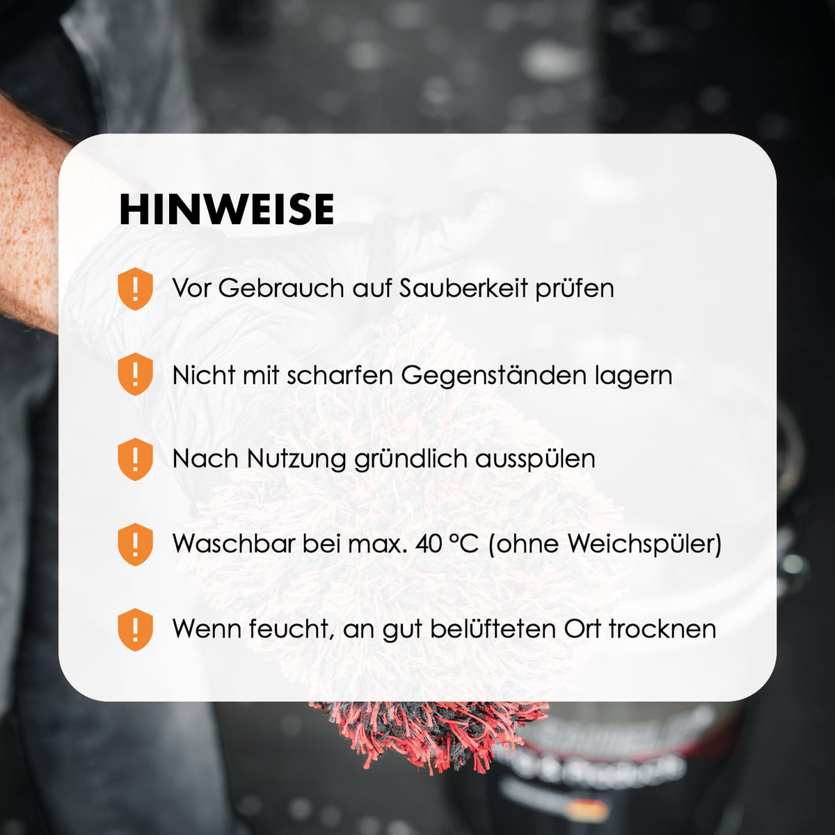 Pflegehinweise für den Wheel Mitt: ausspülen, bis 40 °C ohne Weichspüler waschen und luftig trocknen