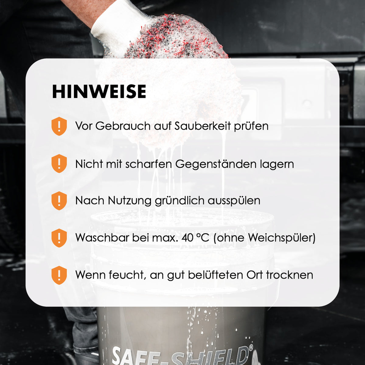Pflegehinweise zum Auto Waschhandschuh: bis 40 °C ohne Weichspüler waschen und an der Luft trocknen