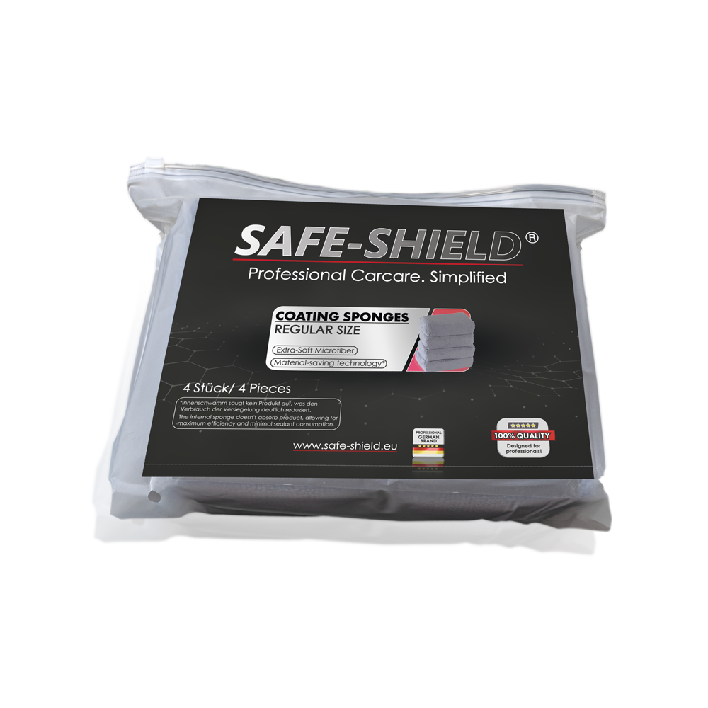 Verpackung mit vier Safe-Shield Mikrofaser-Coating-Applikatoren in der Größe Regular