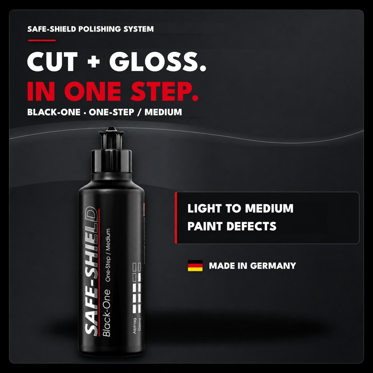 
Pulimento Safe-Shield Black-One One-Step para corrección y brillo en defectos leves a moderados de la pintura.