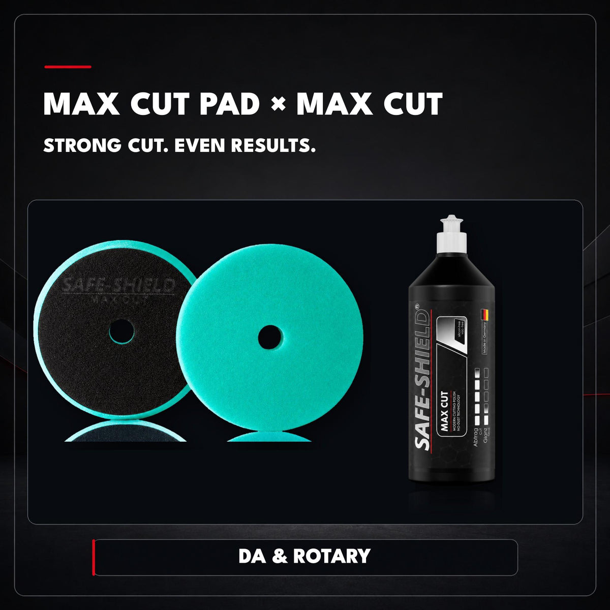 Safe-Shield Max Cut polishing pad paired with Max Cut compound for strong cut and even results, suitable for dual-action and rotary polishers.