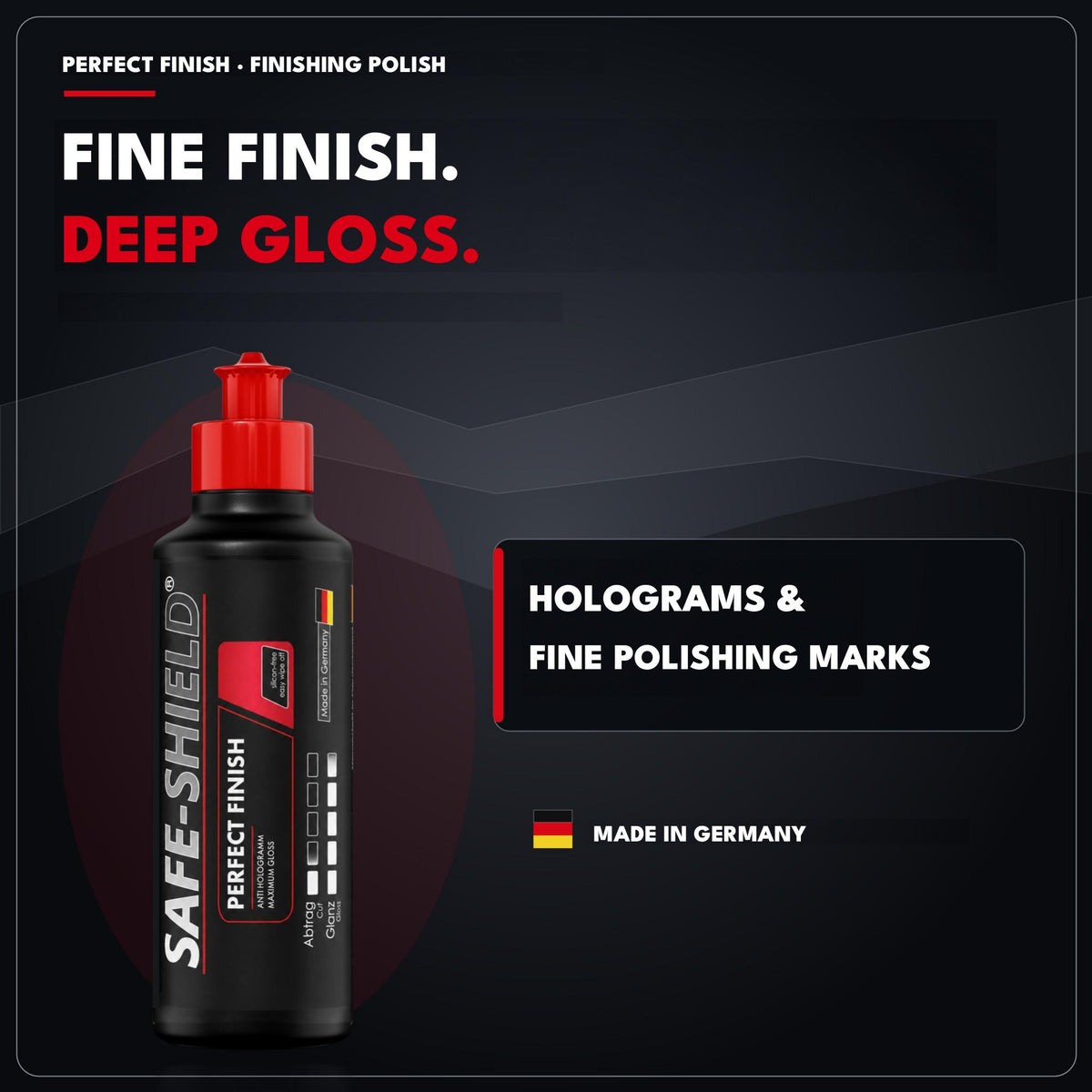 
Pulimento de acabado Safe-Shield Perfect Finish para hologramas y marcas finas de pulido, fabricado en Alemania.