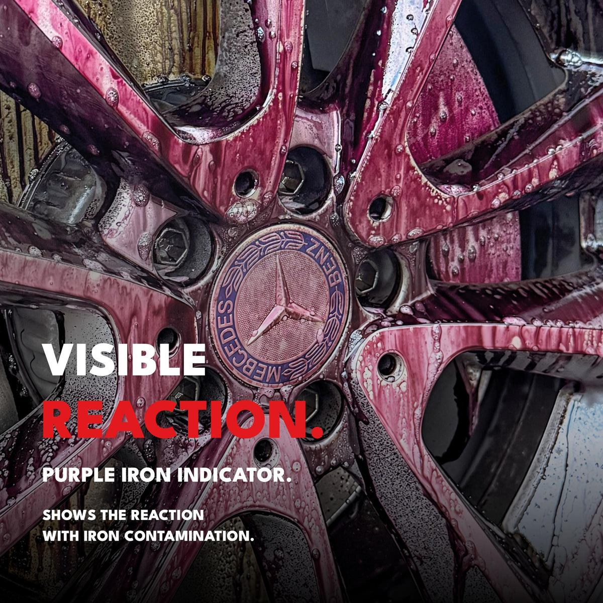 Purple iron indicator reaction from Safe-Shield Ultra Wheel Cleaner on iron contamination on an alloy wheel.