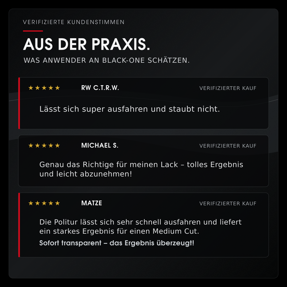 Verifizierte Kundenstimmen zur Safe-Shield Black-One One-Step Politur aus der professionellen Fahrzeugaufbereitung