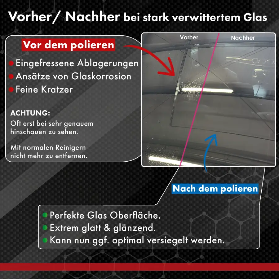 Glass Corrector wird mit einem verdichteten Filzpad rotativ auf Fahrzeugglas verarbeitet